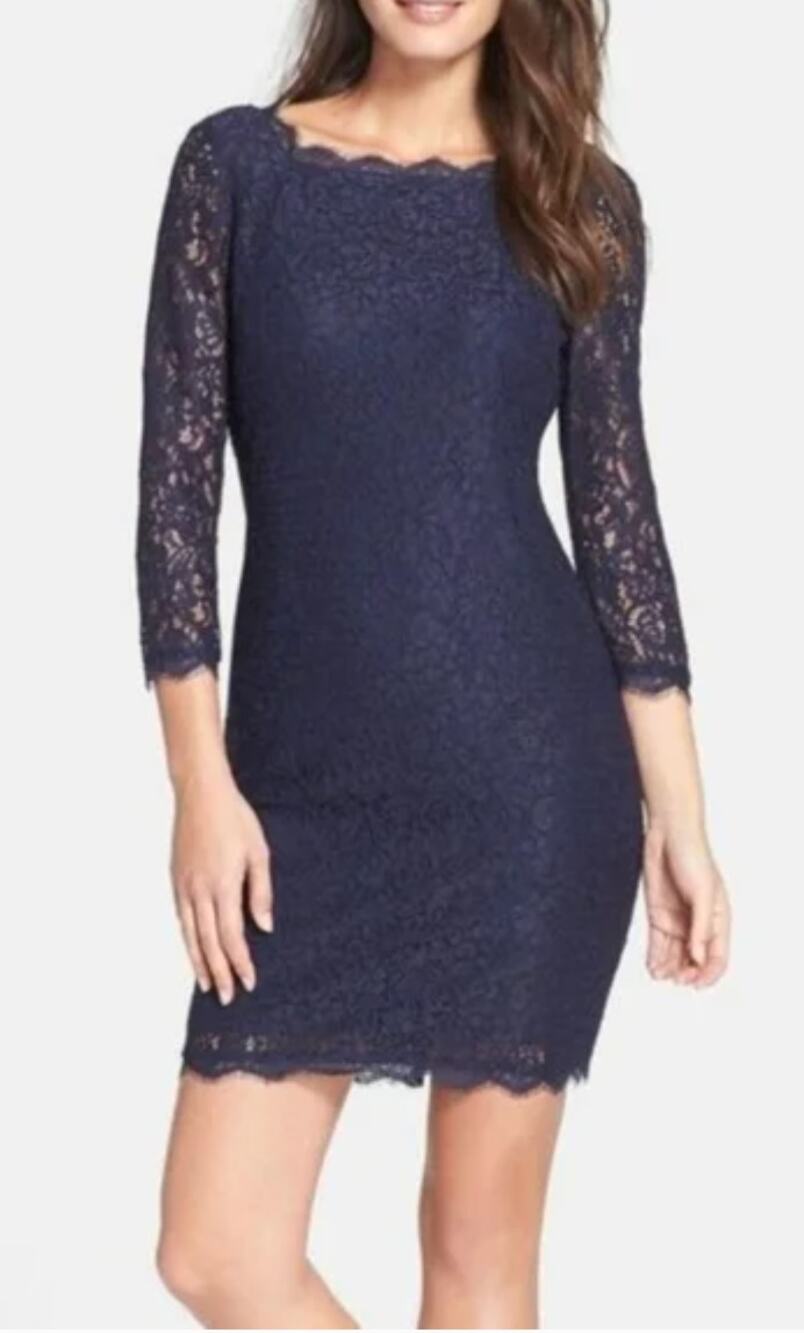 Adrianna Papell Navy Lace Overlay Sheath Cocktail Dress size 4